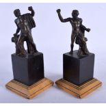 AN UNUSUAL PAIR OF 19TH CENTURY ITALIAN BRONZE AND SIENNA MARBLE GRAND TOUR BRONZES. 18 cm high.