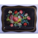 A RARE LARGE RUSSIAN PAINTED TOLEWARE FLOWER TRAY. 55 cm x 42 cm.