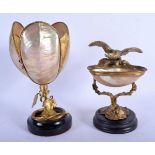 A 19TH CENTURY FRENCH PALAIS ROYALE GILT METAL MOUNTED SHELL BOWL together with a similar candle lig