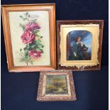 A framed oil on board of Roses by K Prosser together with two framed Oleographs 45 x 30cm (3)