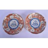 A PAIR OF 19TH CENTURY JAPANESE MEIJI PERIOD SCALLOPED IMARI DISHES painted with landscapes. 21 cm w