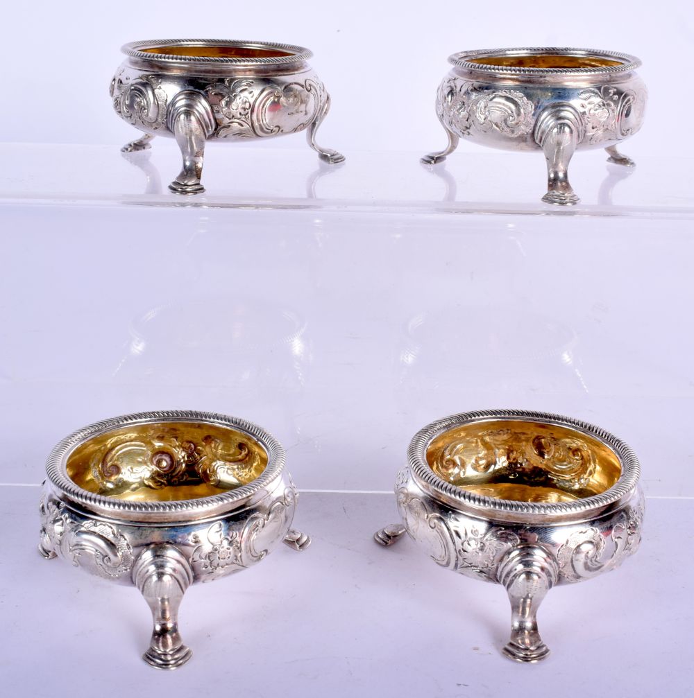 FOUR 18TH CENTURY SILVER SALTS. London 1744 or 1784. 378 grams. 8 cm x 4 cm. (4) - Image 2 of 5