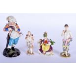 FOUR ANTIQUE CONTINENTAL PORCELAIN FIGURES in various forms and sizes. Largest 15 cm high. (4)