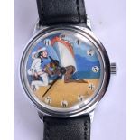 AN EROTIC STAINLESS STEEL WRISTWATCH modelled as an erect sailor being pleasured whilst on shore. 3