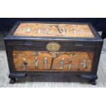 A RARE 18TH/19TH CENTURY CHINESE HARDSTONE INSET HARDWOOD COFFER Qing, decorated with figures in var