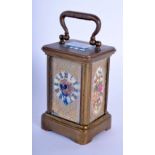 A MINIATURE CONTEMPORARY SEVRES STYLE INSET CARRIAGE CLOCK. 7 cm x 5 cm.