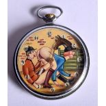 A CONTEMPORARY SILVER PLATED EROTIC POCKET WATCH painted with a scene of a male inspecting his partn