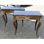 A PAIR 19TH CENTURY FRENCH BOULLE BRASS INLAID CARD TABLES decorated with foliage and figures in var