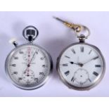 AN ANTIQUE SILVER POCKET WATCH and another. 237 grams overall. 5 cm diameter. (2)