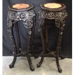 A PAIR OF 19TH CENTURY CHINESE CARVED HARDWOOD MARBLE INSET STANDS Qing. 90 cm x 60 cm.