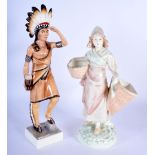 AN AUSTRIAN ROYAL DUX PORCELAIN FIGURE together with another Continental figure of a Native American