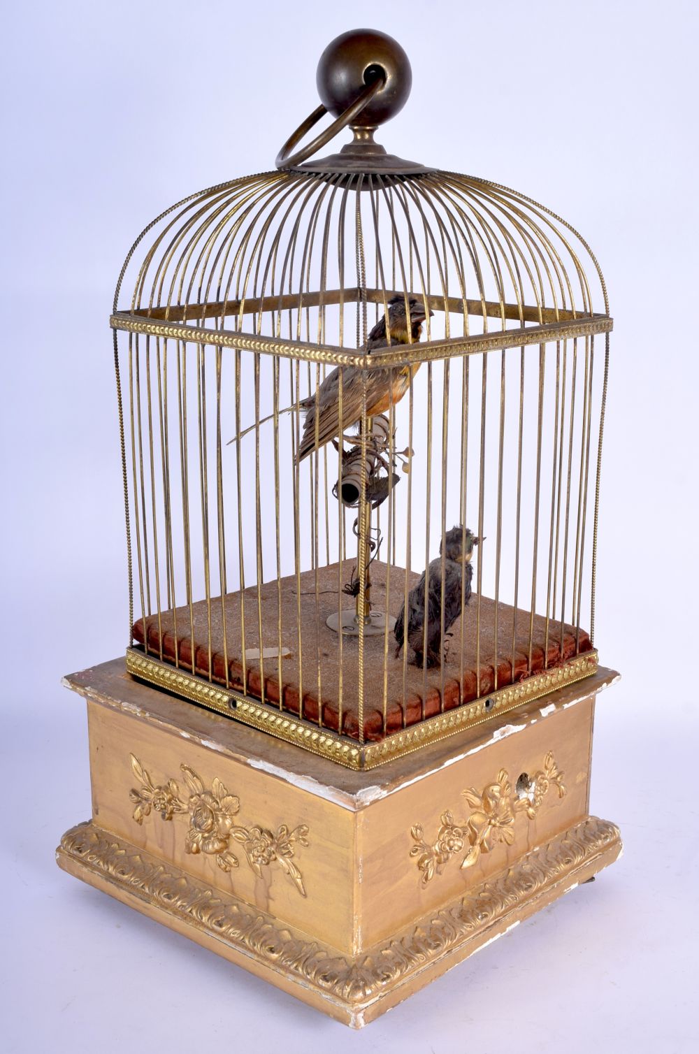 A MID 19TH CENTURY EUROPEAN CARVED GILTWOOD AUTOMATON SINGING BIRD CAGE embellished with flowers and - Image 2 of 7