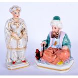 TWO 19TH CENTURY EUROPEAN PORCELAIN FIGURES OF TURKS one modelled smoking shisha, the other as a sce