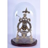 AN ANTIQUE BRASS SKELETON CLOCK with silvered dial and glass dome. Clock 36 cm x 16 cm.