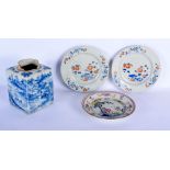 THREE 18TH CENTURY CHINESE EXPORT PORCELAIN PLATES Qianlong, together with an early Qing tea caddy.