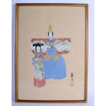 AN UNUSUAL JAPANESE TAISHO PERIOD PAINTED SILK WATERCOLOUR depicting two females. Image 38 cm x 28 c