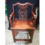 AN EARLY 20TH CENTURY CHINESE CARVED HARDWOOD CHAIR Late Qing/Republic. 96 cm x 54 cm.