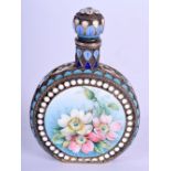 A LOVELY ANTIQUE RUSSIAN SILVER AND ENAMEL SCENT BOTTLE AND STOPPER painted with flowers. 61 grams.