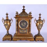 A FINE 19TH CENTURY FRENCH SILVER AND GOLD INLAID CLOCK GARNITURE wonderfully decorated with animals