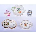 THREE HUNGARIAN HEREND PORCELAIN DISHES and two similar boxes. Largest 14 cm x 9 cm. (5)