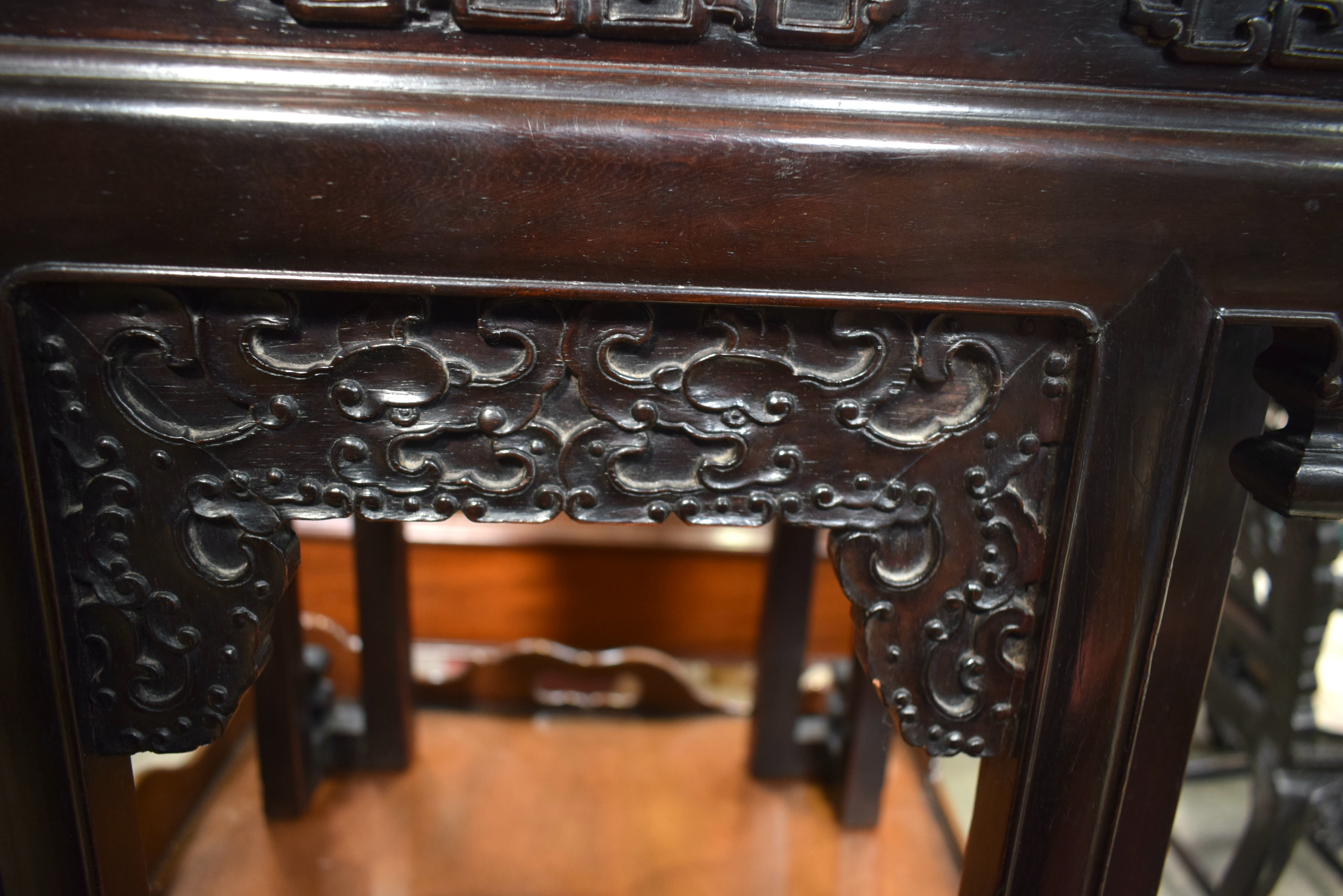 A FINE 19TH CENTURY CHINESE CARVED HONGMU SQUARE FORM STAND Qing, of unusual form with stylised beas - Image 13 of 18