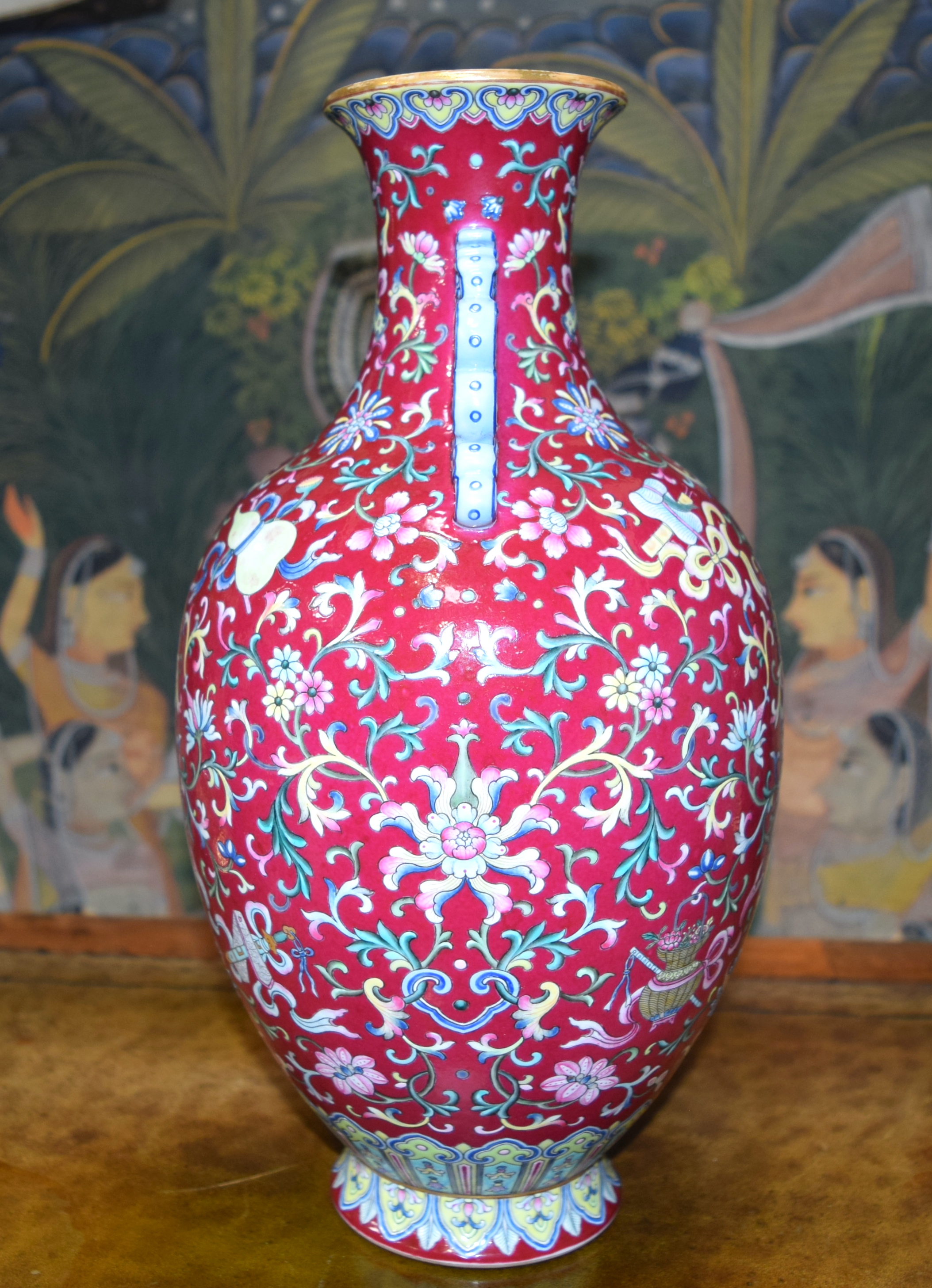 A FINE CHINESE TWIN HANDLED FAMILLE ROSE PORCELAIN FALANCAI RUBY GLAZED VASE Qianlong mark and proba - Image 11 of 44