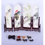 A CHINESE CARVED AND PAINTED MARBLE SCHOLARS SCREEN 20th Century, together with three hardstone anim