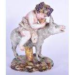 AN ANTIQUE ITALIAN NAPLES PORCELAIN FIGURE OF A PUTTI modelled drunk upon a donkey. 20 cm x 14 cm.