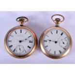 TWO VINTAGE AMERICAN YELLOW METAL POCKET WATCHES. Largest 5.25 cm diameter. (2)