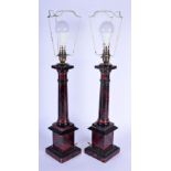 A LARGE PAIR OF EARLY 20TH CENTURY PAINTED CANDLESTICK LAMPS imitating tortoiseshell. Sticks 40 cm h