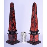 A PAIR OF EARLY 20TH CENTURY FAUX TORTOISESHELL OBELISKS upon pedestal bases. 42 cm high.