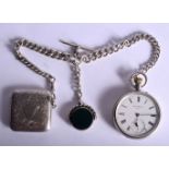 AN ANTIQUE SPINK & SON SILVER POCKET WATCH with silver vesta and swivel fob chain. 210 grams. 44 cm