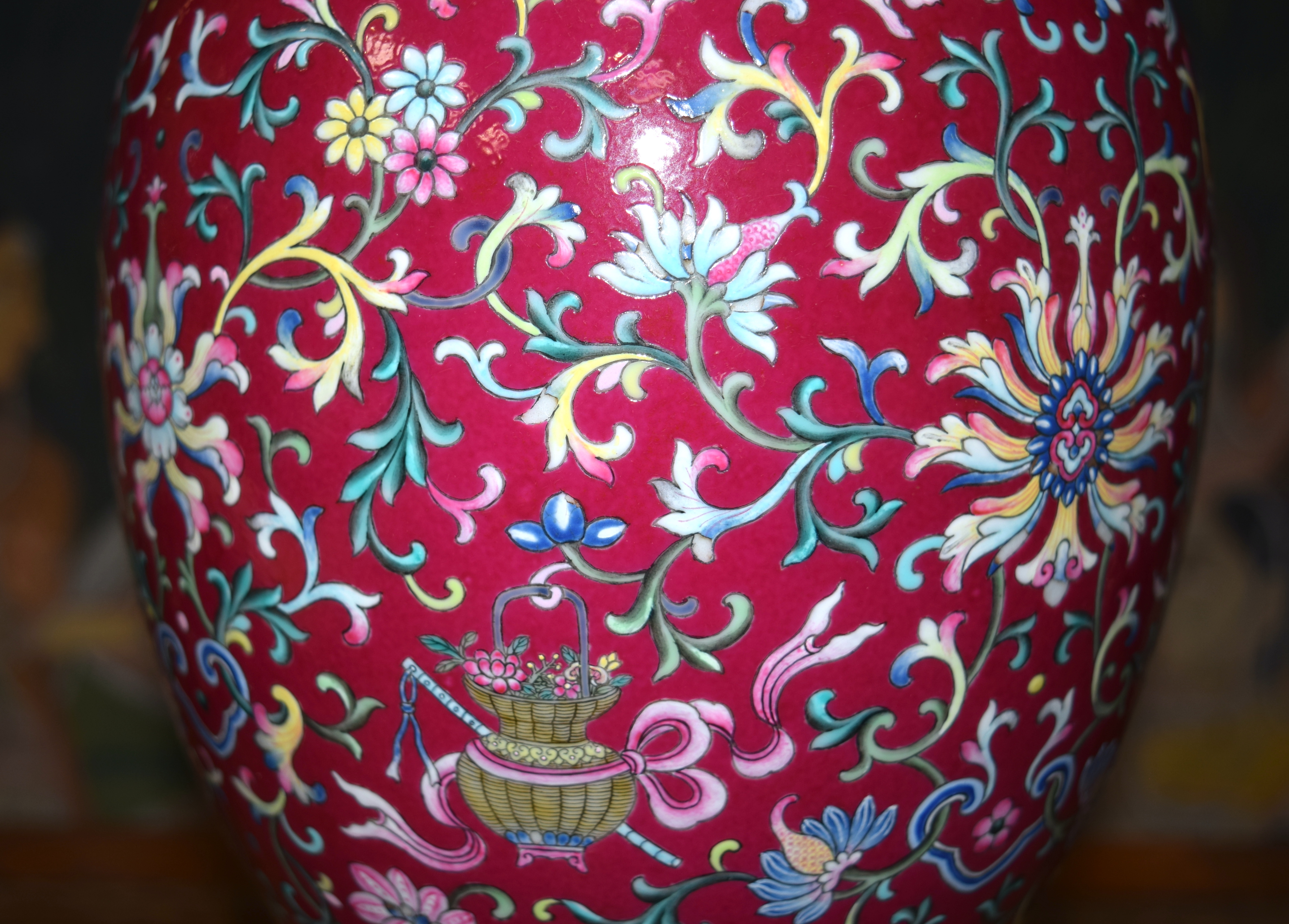 A FINE CHINESE TWIN HANDLED FAMILLE ROSE PORCELAIN FALANCAI RUBY GLAZED VASE Qianlong mark and proba - Image 9 of 44