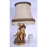 A 19TH CENTURY FRENCH GILT BRONZE FIGURE OF A PUTTI converted to lamp, modelled holding a bow. Figur