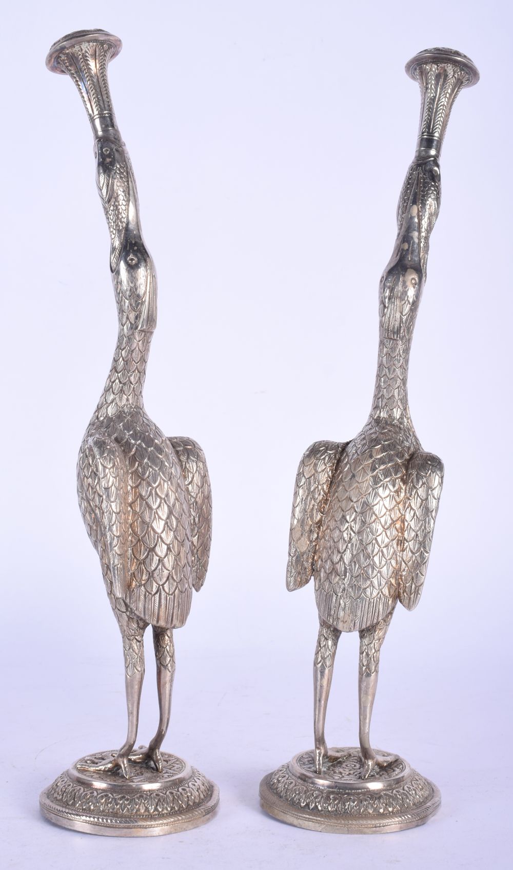 A RARE PAIR OF 19TH CENTURY INDIAN SILVER ROSEWATER SPRINKLERS modelled as birds holding aloft flora - Image 2 of 29