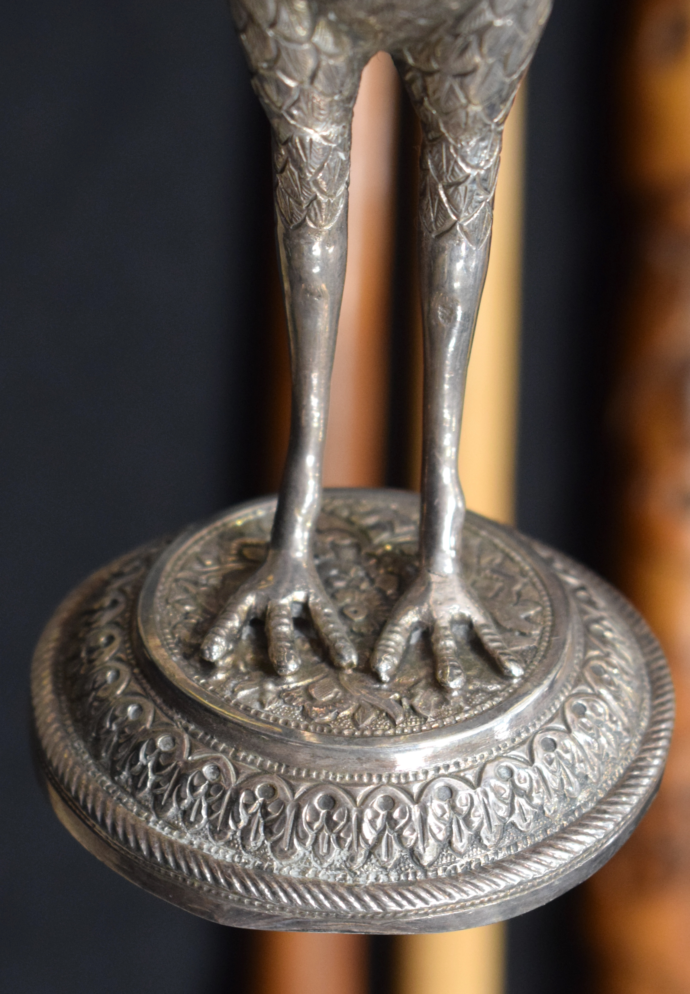 A RARE PAIR OF 19TH CENTURY INDIAN SILVER ROSEWATER SPRINKLERS modelled as birds holding aloft flora - Image 27 of 29