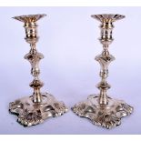 A MATCHED PAIR OF MID 18TH CENTURY ENGLISH SILVER CANDLESTICKS. London 1744 & 1746. 1220 grams. 21 c