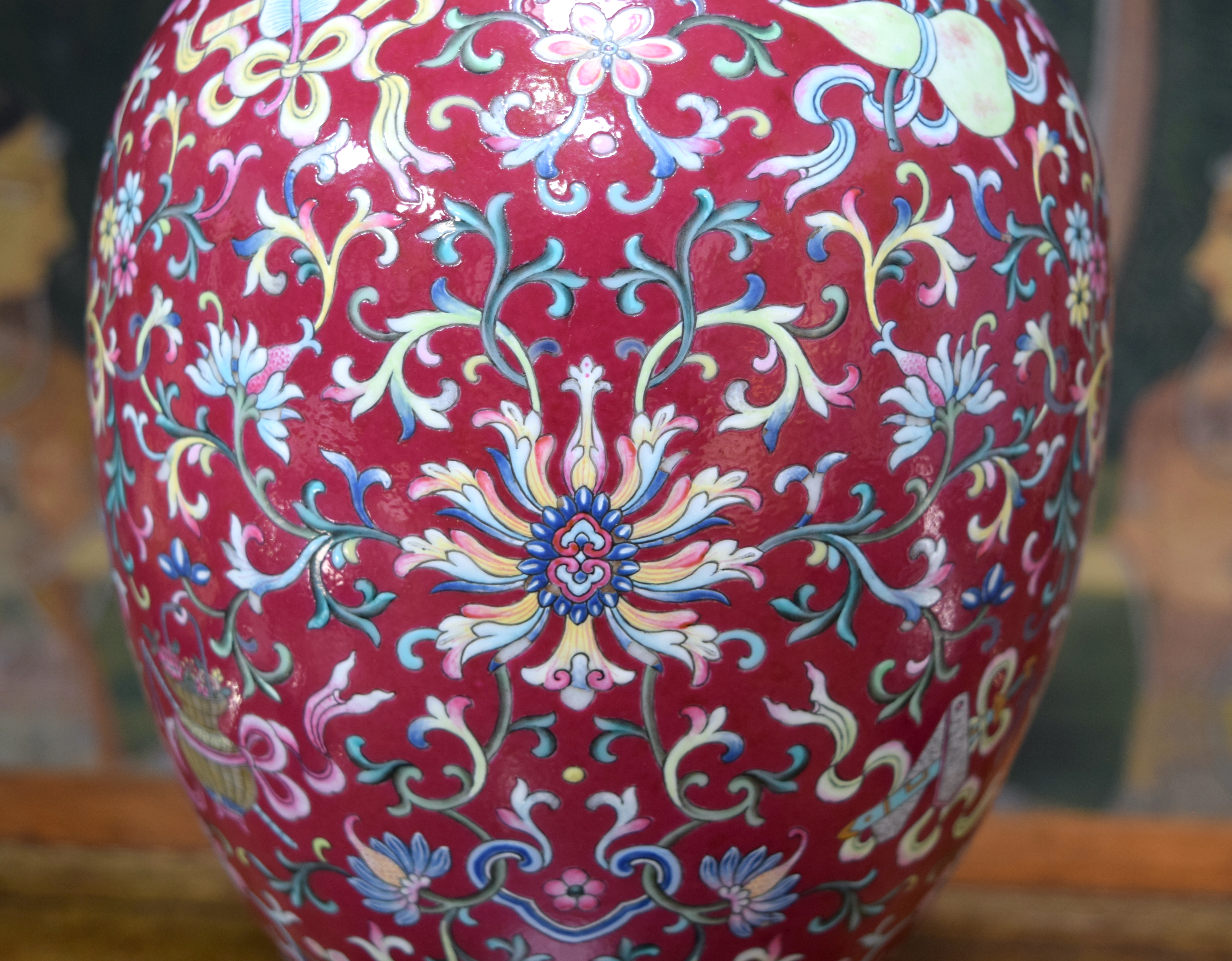 A FINE CHINESE TWIN HANDLED FAMILLE ROSE PORCELAIN FALANCAI RUBY GLAZED VASE Qianlong mark and proba - Image 6 of 44