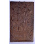 A RARE LARGE 18TH/19TH CENTURY CARVED WOOD TREEN BISCUIT MOULD depicting boats and a figure upon a b