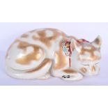 A LARGE 19TH CENTURY JAPANESE MEIJI PERIOD AO KUTANI PORCELAIN FIGURE OF A CAT modelled with black l