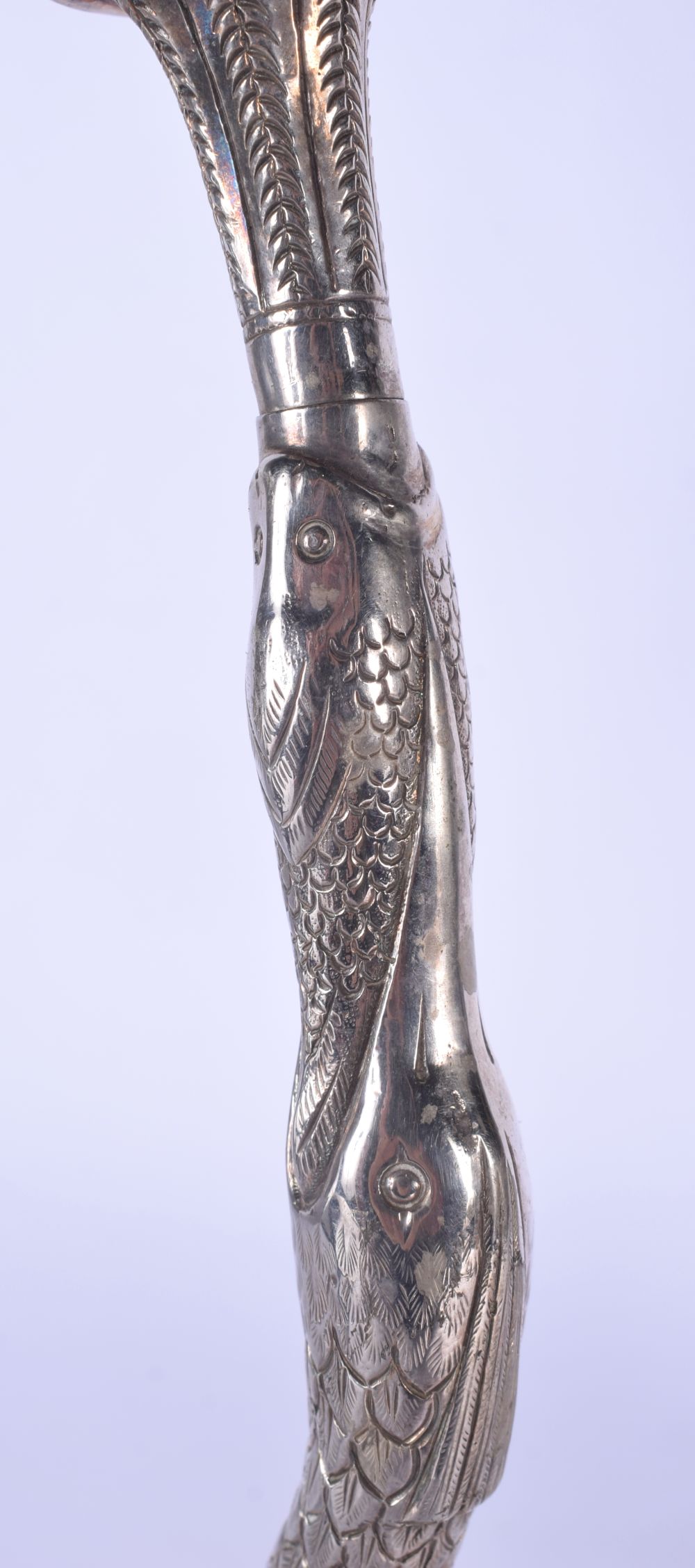 A RARE PAIR OF 19TH CENTURY INDIAN SILVER ROSEWATER SPRINKLERS modelled as birds holding aloft flora - Image 3 of 29