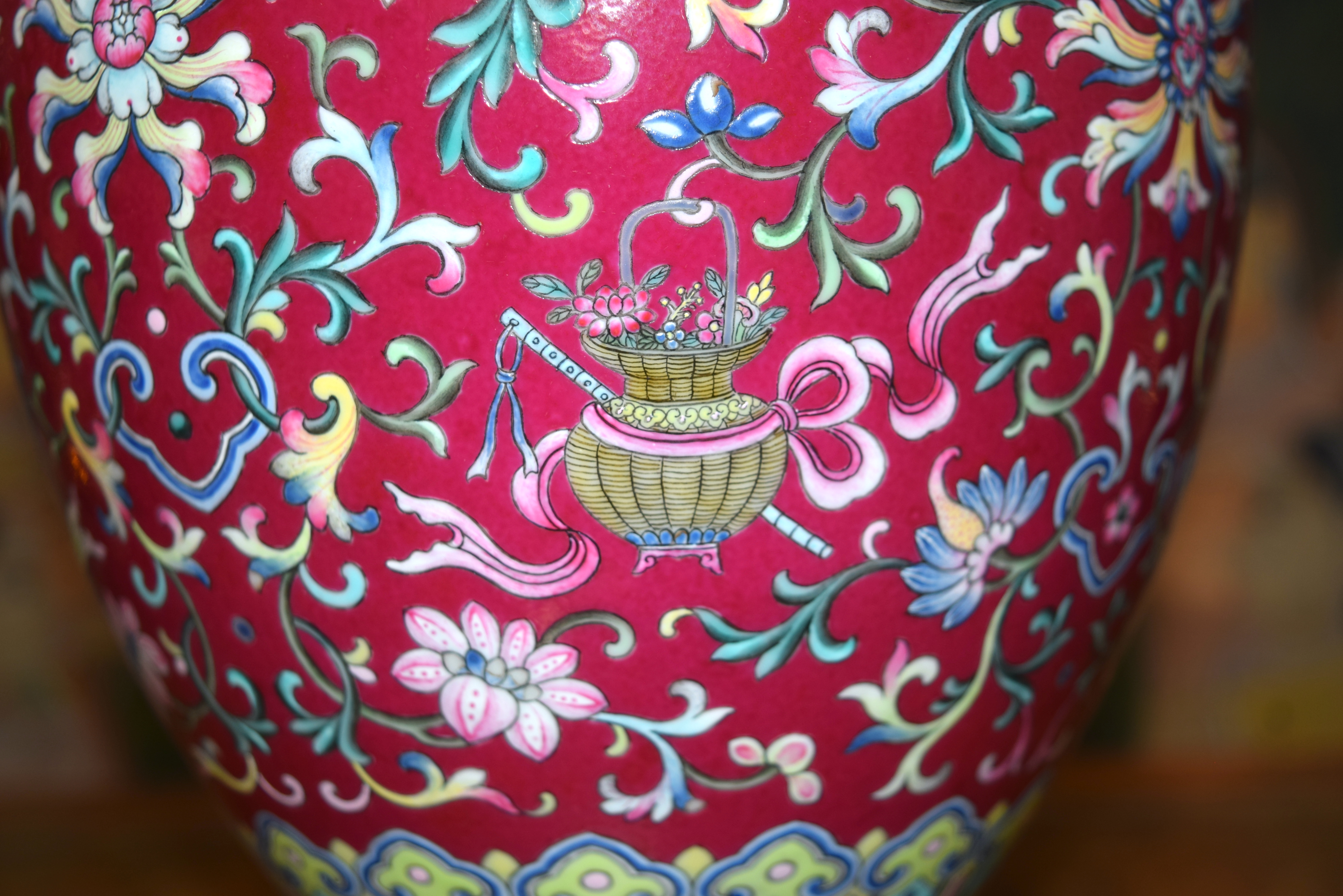 A FINE CHINESE TWIN HANDLED FAMILLE ROSE PORCELAIN FALANCAI RUBY GLAZED VASE Qianlong mark and proba - Image 21 of 44