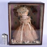 A RARE ANTIQUE GLASS CASED DOLL DIORAMA formed as a porcelain head girl within an interior. 45 cm x