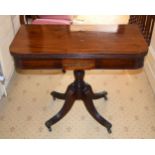 A REGENCY MAHOGANY FOLD OVER CARD TABLE with brass inlaid top. 86 cm x 72 cm closed.