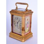 A MINIATURE CONTEMPORARY SEVRES STYLE INSET CARRIAGE CLOCK. 8 cm x 5 cm.