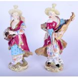A PAIR OF 19TH CENTURY MEISSEN PORCELAIN FIGURES OF MUSICIANS upon scrolling bases. 19 cm high.