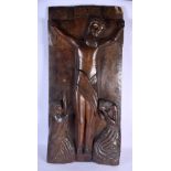 A 17TH/18TH CENTURY RUSSIAN ORTHODOX CARVED WOOD ICON depicting Christ and two mourning females. 72
