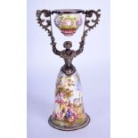 A RARE 19TH CENTURY AUSTRIAN VIENNESE SILVER AND ENAMEL WAGERING CUP painted with figures and landsc