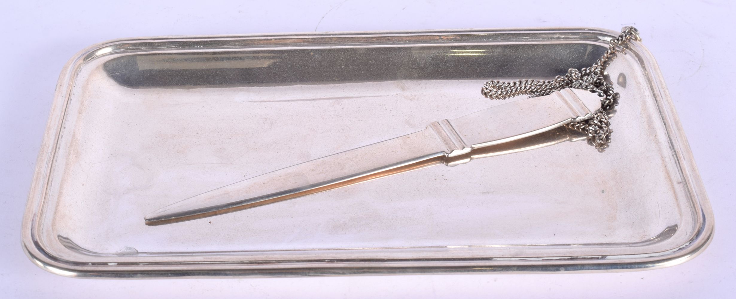 A CHARMING SILVER LETTER HOLDER and attached silver letter opener. 345 grams. 24 cm x 14 cm.