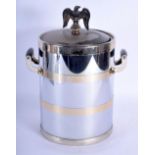 A VINTAGE CONTINENTAL EAGLE TOP SILVER PLATE ICE BUCKET AND COVER. 35 cm x 20 cm.